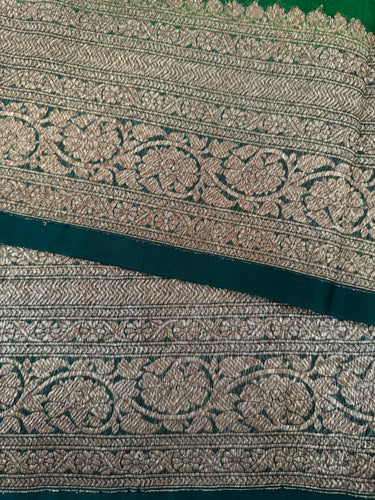 Sheer Lightweight Organza Silk Saree with Tussar Silk Border | Antique Zari | Shade of Forest Green | Handwoven | Ships from California